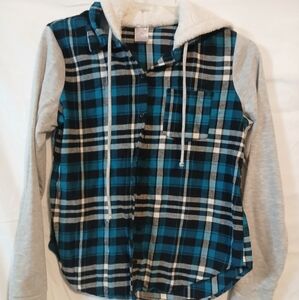 No Boundaries Youth Button Up Plaid Hoodie L
